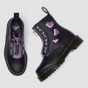 Dr. Martens Black Leather Ankle Boots with Purple Heart Accents